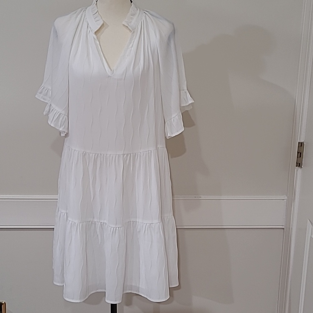 Joy Joy White Tiered V-Neck Ruffle Sleeve Dress